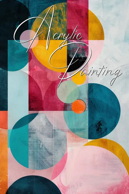 Colorful geometric abstract with circles and rectangles in pink, blue, yellow, and text reading 'Acrylic Painting.'