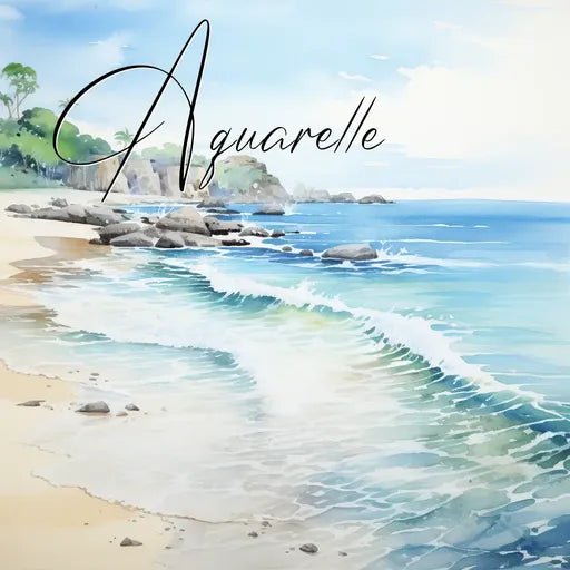Watercolor painting of a serene beach with gentle waves and rocks under a clear blue sky.