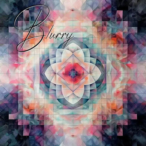 Geometric abstract artwork with colorful squares and the word 'Blurry' in cursive.