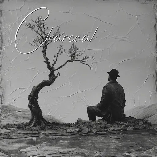 Silhouette of a person sitting by a twisted tree, with textured background and 'Charcoal' text in elegant script.