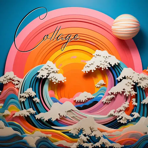 Colorful layered collage with waves, sun, and clouds in vibrant blue, pink, orange, and white hues, with 'Collage' text.