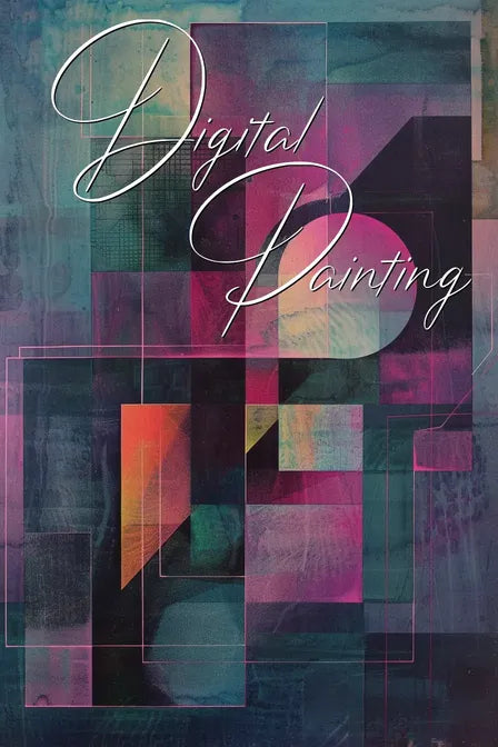Abstract digital painting with overlapping geometric shapes in pink, teal, and orange hues. Script text reads 'Digital Painting.'