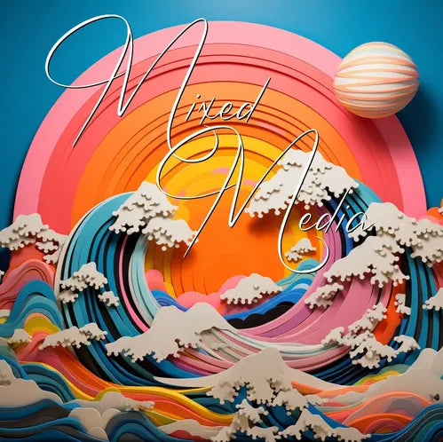 Colorful mixed media artwork with waves, mountains, and a planet under cursive 'Mixed Media' text.