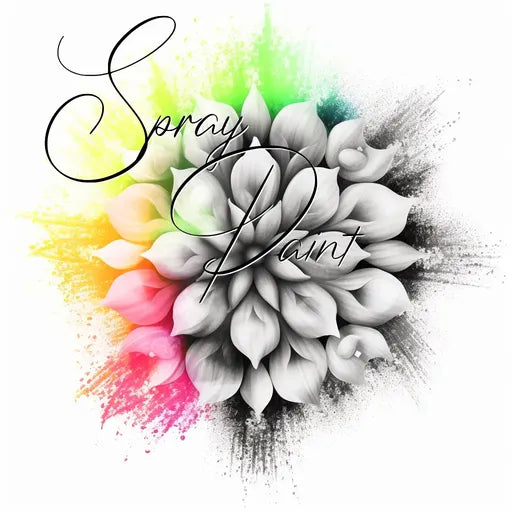 Colorful spray paint design with white flower and bold script text "Spray Paint."