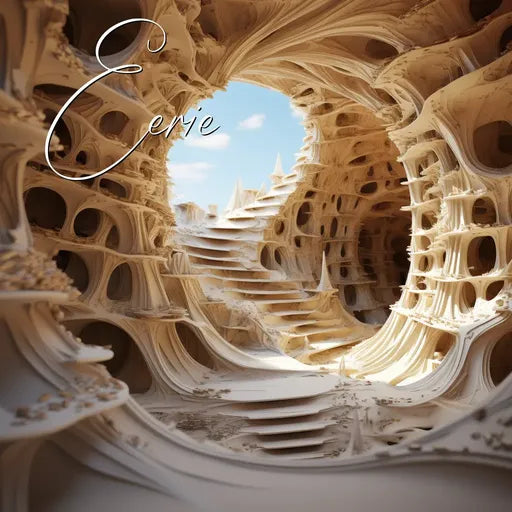 Surreal landscape with intricate, white, cave-like structures and a blue sky in the background.