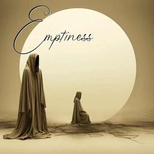 Two hooded figures facing a large white circle with "Emptiness" text, set against a beige background.