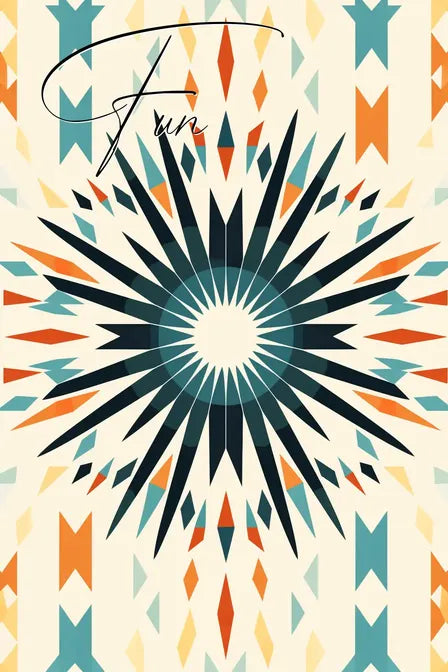 Geometric pattern with starburst design in teal, orange, and cream tones, featuring symmetrical shapes and arrow motifs.