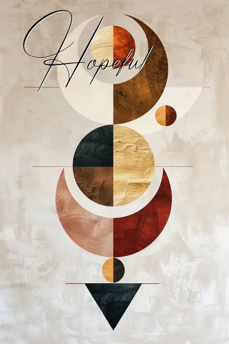 Abstract art with geometric shapes in shades of beige, brown, and red, featuring a cursive "Hopeful" text.