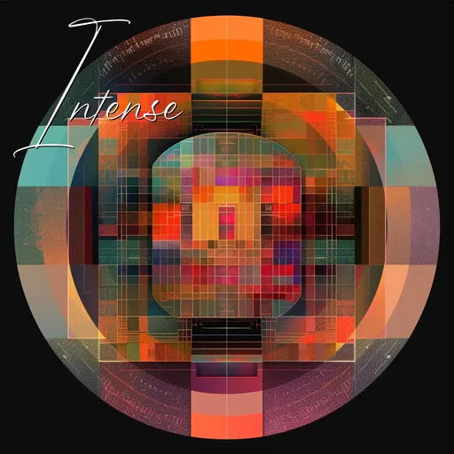 Geometric abstract art with vibrant orange and teal squares and circles, labeled 'Intense'.