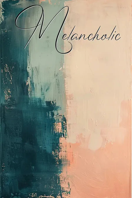 Abstract painting with a vertical gradient of teal and peach hues, featuring the word 'Melancholic' in cursive.