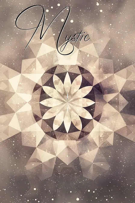 Geometric starburst design with a beige and brown color palette, featuring the text 'Mystic' in elegant script.