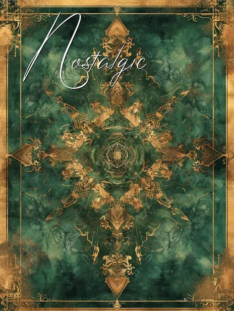 Intricate green and gold kaleidoscope design with ornate floral and geometric patterns, titled 'Nostalgic' at the top.