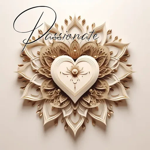 Intricate heart-shaped paper art with floral details and the word 'Passionate' in elegant script above it.