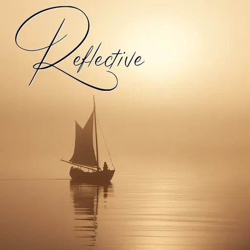 Silhouette of a sailboat with a lone figure on calm water, bathed in golden sunlight, with 'Reflective' written above.
