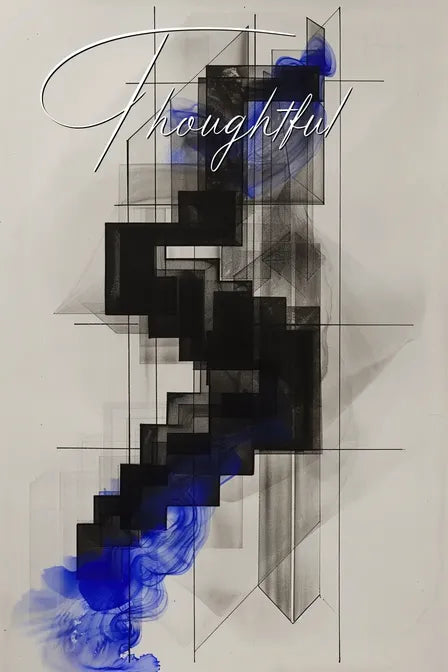 Abstract art with blue and black geometric shapes, overlaid with the word 'Thoughtful' in cursive script.