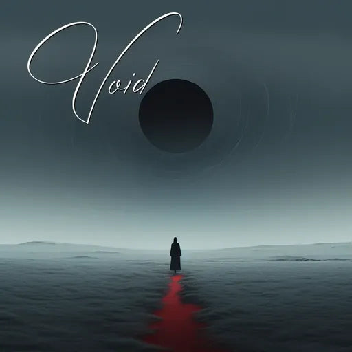 Surreal artwork of a lone figure on a red path leading to a large black void in a misty landscape.