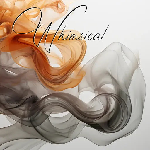 Swirling orange and grey smoke with 'Whimsical' text overlay on a white background.