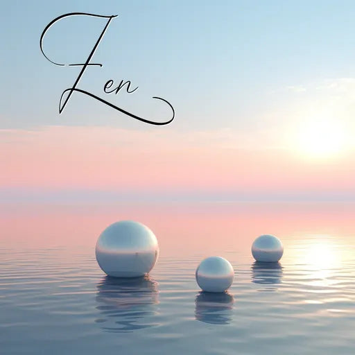Minimalist scene with spheres floating on calm water, pastel sky, and 'Zen' text in elegant font.