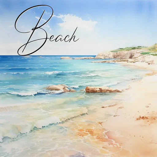 Serene ocean view with sandy beach, gentle waves, and blue sky. Decorative 'Beach' text overlays the scene.