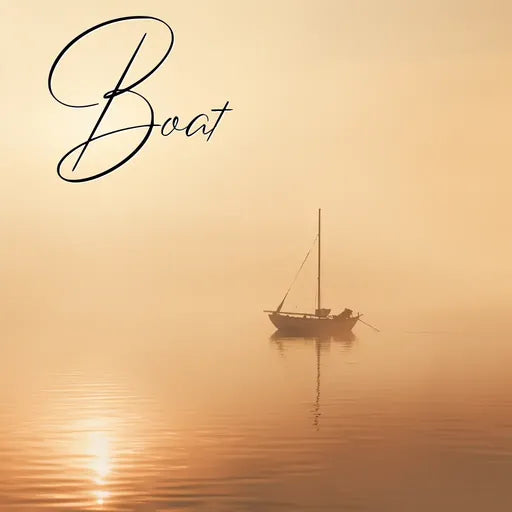 Sailboat on calm water during a hazy sunset with "Boat" written at the top left.