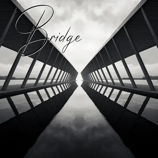 Black and white symmetrical bridge reflecting in water under cloudy sky with elegant 'Bridge' text overlay.