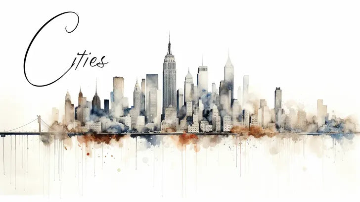 Watercolor cityscape with tall skyscrapers, including Empire State Building, under the word 'Cities' in cursive.