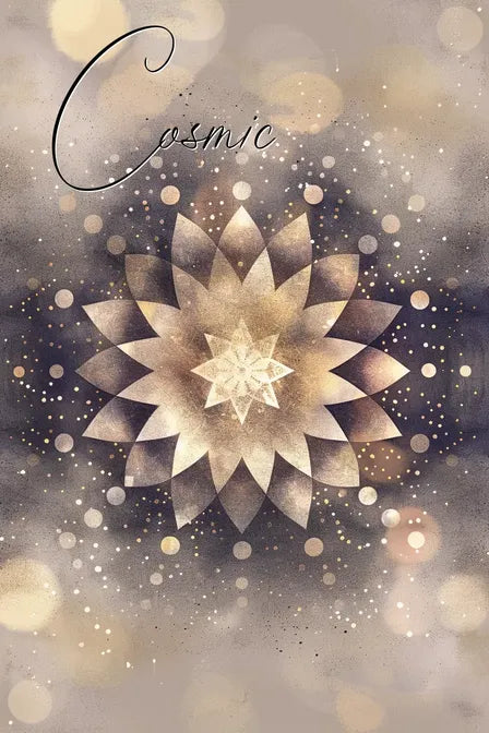 Decorative mandala with star motif on cosmic background, featuring gold and bronze hues with text 'Cosmic' at the top.