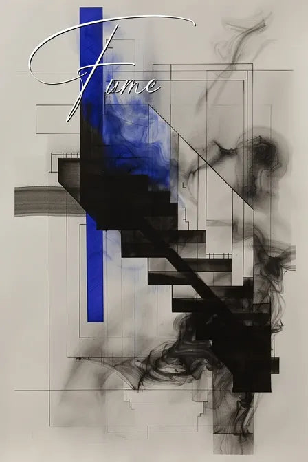 Abstract artwork with black geometric shapes, blue vertical stripe, and smoky swirls on a light background, titled "Fume."