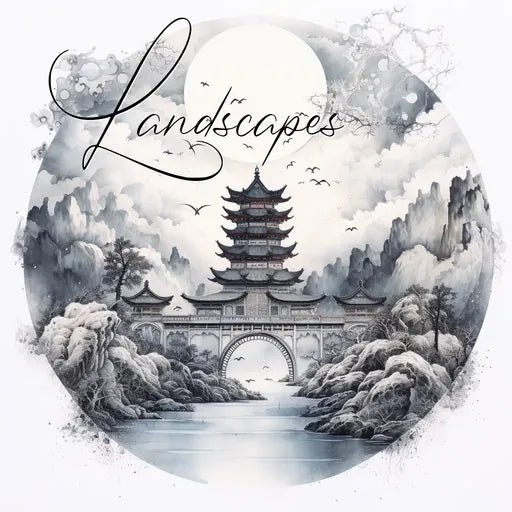 Monochrome landscape of Asian pagoda, mountains, and clouds, with birds flying and 'Landscapes' text overlay.