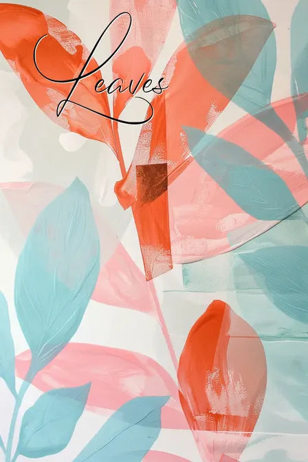 Abstract artwork with overlapping blue and coral leaves, featuring the word 'Leaves' in elegant script.