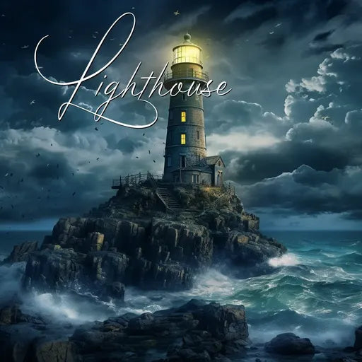 Lighthouse on rocky shore in stormy weather with crashing waves and dark, cloudy sky; elegant script text reads "Lighthouse."