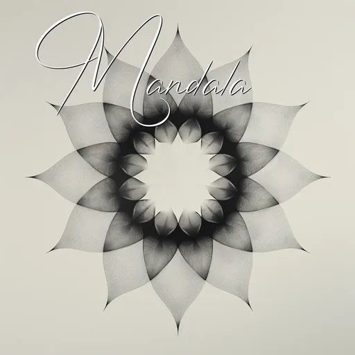 Gray mandala design on light background with cursive text 'Mandala' at the top.