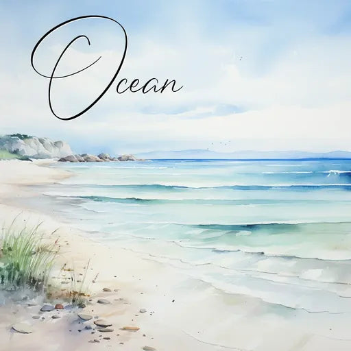 Serene watercolor beach scene with gentle waves, sandy shore, and distant hills under a clear sky.