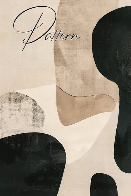 Abstract beige and black shapes with the word 'Pattern' in calligraphy.