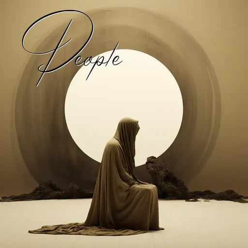 Silhouette of a hooded figure sitting before a large, glowing circle on a minimalist beige background.