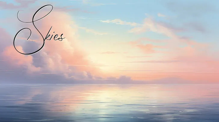Serene ocean with a pastel-colored sunset sky, featuring clouds and calm water reflecting soft pink and blue hues.
