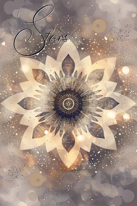 Artistic mandala design with celestial themes, featuring a central star pattern surrounded by shimmering abstract elements.