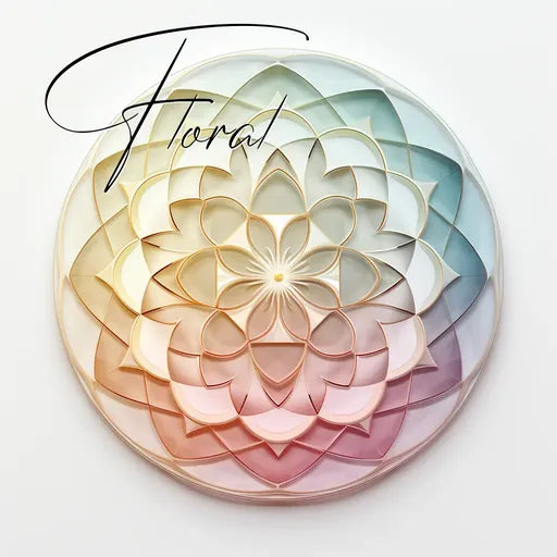 Geometric floral pattern with pastel colors and "Floral" text on a light background.