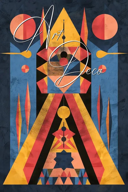 Geometric Art Deco design with bold shapes in red, yellow, and blue, featuring the text 'Art Deco' elegantly scripted.