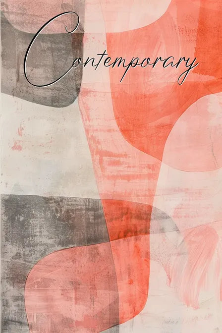 Abstract art with red and gray organic shapes, featuring the word 'Contemporary' in elegant script.