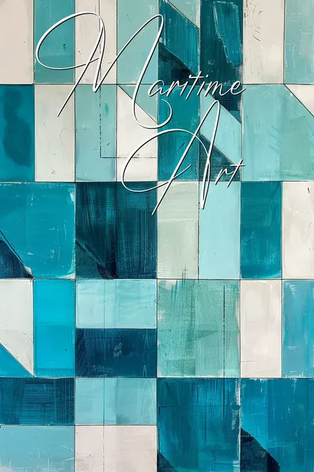 Geometric abstract art with blue and teal squares titled "Maritime Art."