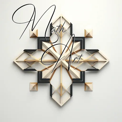 Geometric art sculpture with interlocking beige and black shapes, overlaid with cursive text 'Math Art'.