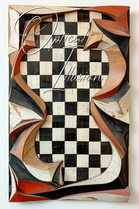3D wooden artwork of a distorted black and white checkerboard with text 'Optical Illusion' in cursive font.