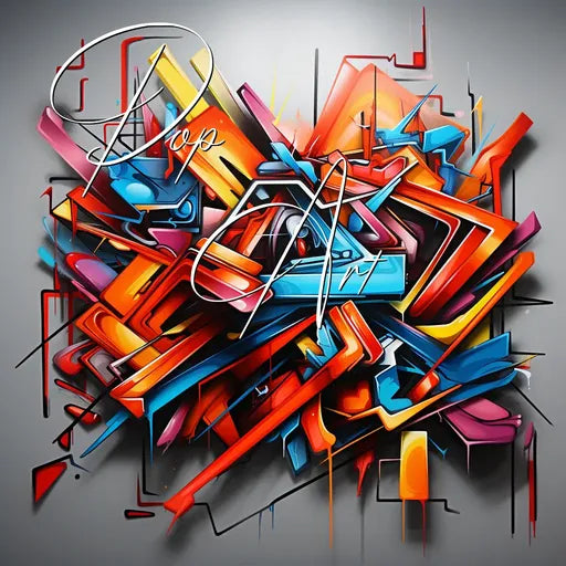 Colorful abstract graffiti art with bold geometric shapes and dynamic lines on a gray background.