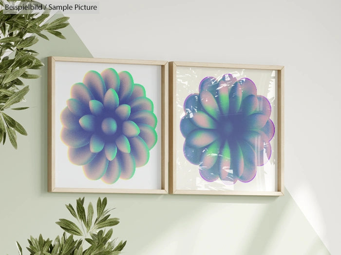 Two abstract paintings with colorful, gradient flower-like designs in wooden frames, placed on a light-colored wall.