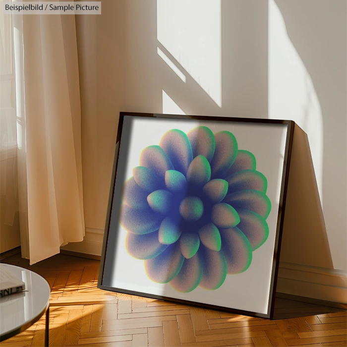 Framed floral abstract print with iridescent hues leaning against a sunlit wall on wooden floor.