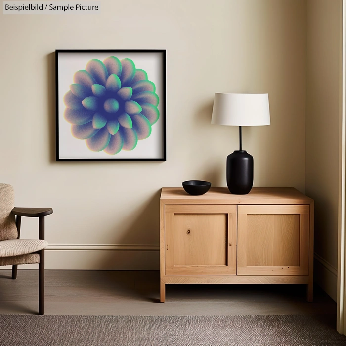Minimalist room with a wooden cabinet, modern chair, and abstract floral artwork on the wall.