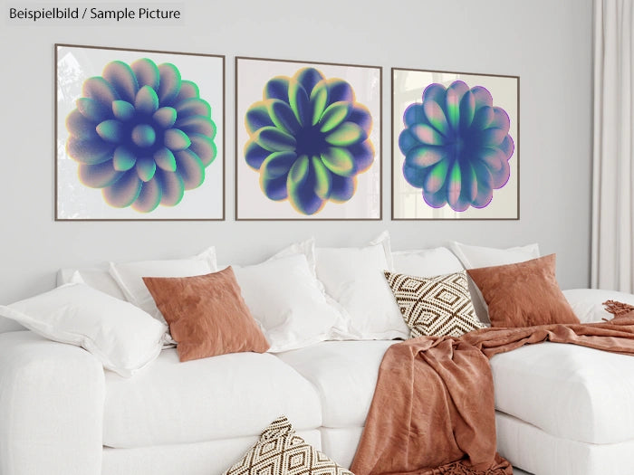 Modern living room with abstract floral art on wall and white sofa with brown and geometric cushions.